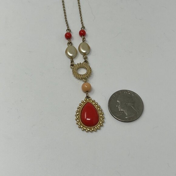 Vintage Avon Necklace Gold Tone Orange Drop and White Tan Beads - Picture 5 of 9